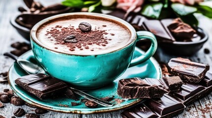 Wall Mural - A teal mug of hot chocolate topped with cocoa powder and coffee beans, surrounded by chocolate pieces and coffee beans.