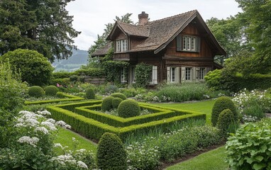 Wall Mural - A garden with topiary hedges and ornamental grasses in front of an old wooden house