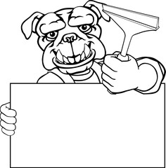 Wall Mural - A bulldog window cleaner or car wash cleaning cartoon mascot man holding a squeegee washing tool