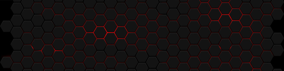 Wall Mural - hexagons honeycomb texture red neon background, abstract futuristic technology backdrop banner desig