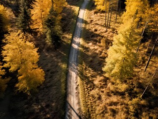 From above drone view of path in the middle of picturesque autumn forest with colorful trees