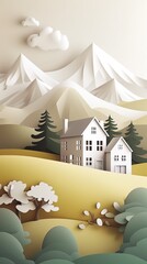 Wall Mural - Vertical 3d paper cut forest landscape mountain paper cut style natural landscape scene illustration