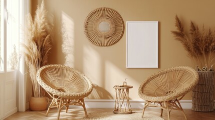 Wall Mural - Cozy Bohemian Living Room with Rattan Furniture and Minimal Decor