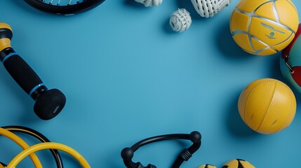 Wall Mural - A flat lay of various sports equipment on a blue background.