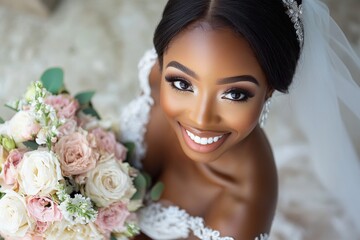 A bride is smiling and holding a bouquet of flowers