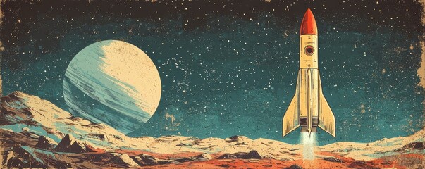 Wall Mural - illustrated retro rocket ship launching towards a distant planet