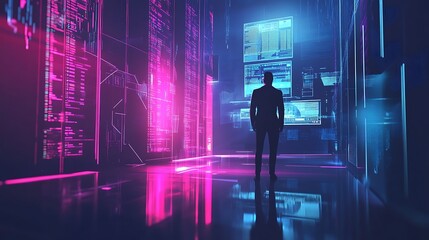 A businessman stands in a futuristic room filled with digital data and screens.