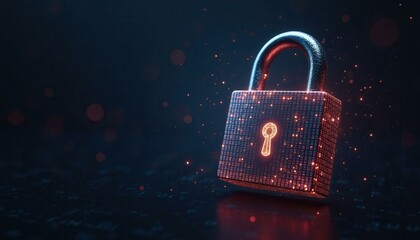 Padlock with binary code pattern and glowing keyhole symbol on dark background, data security concept