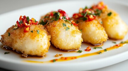 Wall Mural - A close-up of crispy fried seabass glazed with fish sauce, garnished with thinly sliced fresh herbs and chilies, presented on a clean, white plate with vibrant colors