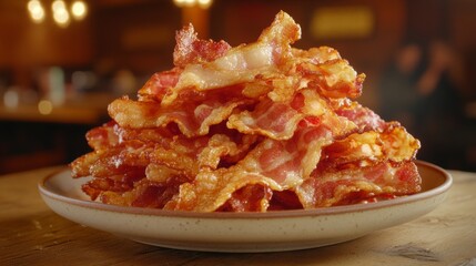 Sticker - A close-up of golden, crispy bacon strips piled on a plate, with a rustic background and soft lighting highlighting the texture and crunchiness