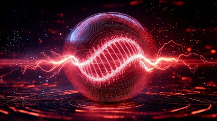 Wall Mural - dna repair concept. futuristic glowing sphere with wave patterns and red light effects.