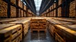 © izzuddin - Vast Warehouse Filled with Neatly Stacked Wooden Pallets Showcasing the Beauty of Natural Timber in an Industrial Environment