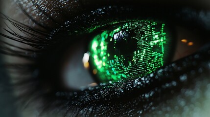 Close-up of a human eye with green digital code reflected in the iris.