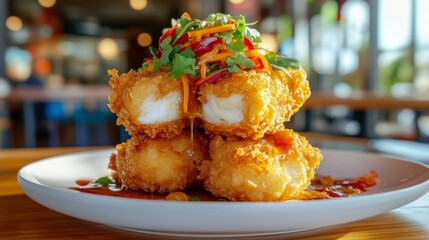 Wall Mural - A crispy fried seabass topped with golden fish sauce, served on a white plate with garnish, showcasing a delicious Thai dish with vibrant colors and textures