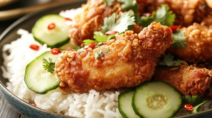 Wall Mural - A delicious close-up of a plate with fried chicken and jasmine rice, garnished with slices of cucumber, chili, and cilantro, captured in a cozy, inviting atmosphere