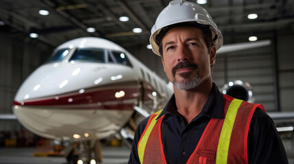 Wall Mural - confident aviation engineer in safety vest stands near jet