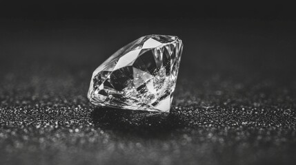 Poster - A flawless diamond resting on a glossy black surface, illuminated by soft white light, showcasing its brilliance and intricate facets