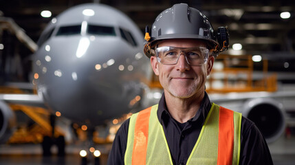 Wall Mural - confident aviation engineer wearing safety gear in front of aircraft