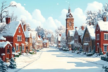 Wall Mural - snow falling on cozy christmas village with illuminated houses and church