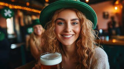 Smiling young caucasian woman celebrating st. patrick's day with a beer in a pub. Saint Patrick's Day, St Paddy's Day, St Patty's Day - Irish National Holiday and Cultural Celebration