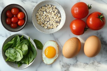 Sticker - Healthy breakfast ingredients including eggs, tomatoes, spinach, oats and chia seeds on marble background