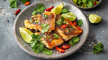 Wall Mural - A plate of fried seabass with a golden fish sauce glaze, garnished with cilantro, sliced chilies, and lime wedges, reflecting the vibrant and savory flavors of Thai cuisine