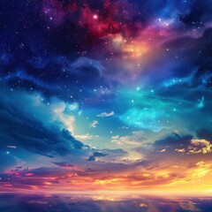 Wall Mural - vibrant sunset colors reflected on calm water under a breathtaking, starry night sky