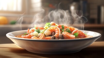 Wall Mural - A plate of Thai Tom Yum soup, filled with shrimp, mushrooms, and fresh herbs, steaming in a bowl, capturing the vibrant colors and aromatic appeal of the dish