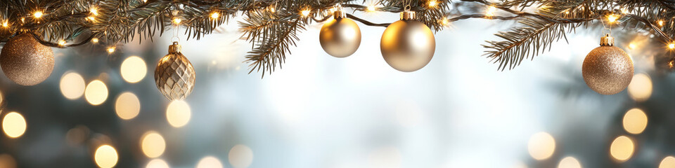 Wall Mural - Golden Christmas ornaments hanging on pine tree with soft bokeh lights create festive atmosphere. Perfect for holiday celebrations and decorations