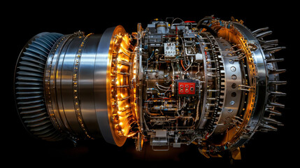 Wall Mural - detailed view of jet engine showcasing intricate components and lighting