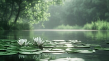 Wall Mural - Two white water lilies float serenely on a calm pond, surrounded by lush green lily pads and a tranquil forest backdrop.