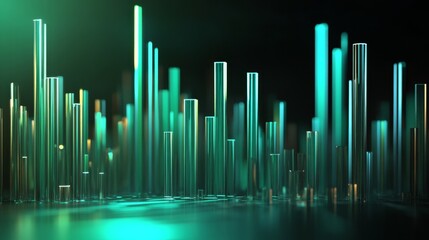 Aufkleber - A sleek, D-rendered bar graph with tall, shiny bars in shades of blue and green, illustrating a rise in market data over a specified period