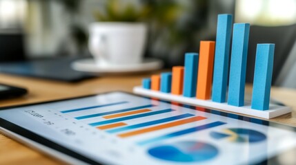Leinwandbilder - A sleek and modern financial bar graph displayed on a tablet screen with colorful bars showing fluctuations in the market over time