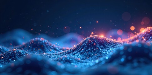 Wall Mural - abstract sparkling landscape illuminated particle waves in a vibrant blue and orange hue