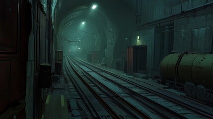 Aufkleber - A subway tunnel at night with faint lighting at the end, highlighting the long, empty tracks stretching into the distance, surrounded by rough concrete walls