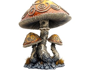 High-resolution PNG style image of a fantastical mushroom figurine with intricate designs, isolated on white. Full ultra HD,