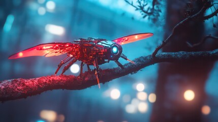 Futuristic Robotic Insect with Glowing Wings in a Mysterious Forest Environment, Showcasing Advanced AI and Surveillance Technology