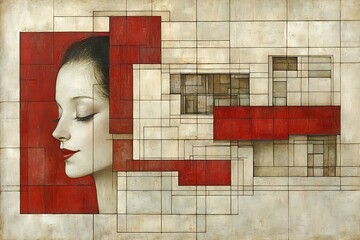 Wall Mural - A minimalist painting featuring a woman's face in profile, partially obscured by a grid pattern and a red rectangular frame, creating a sense of abstract architecture.