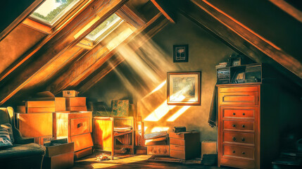 Sticker - Sunlight streaming through a cozy attic, illuminating the warm wooden furniture and scattered boxes on a peaceful afternoon