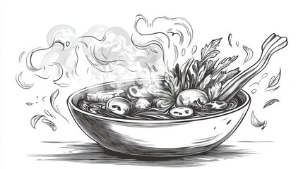 Wall Mural - Whimsical blackandwhite soup bowl with vegetable steam art