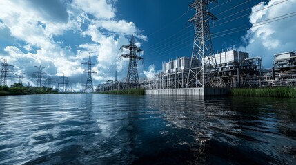 Poster - Peak energy generation optimization at power station industrial site 3d rendering technology aerial view innovation focus