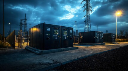 Poster - Backup power solutions for peak energy grid needs urban power station industry infrastructure nighttime renewable concept