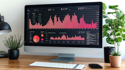 Wall Mural - Modern office workspace with data analytics dashboard on computer screen