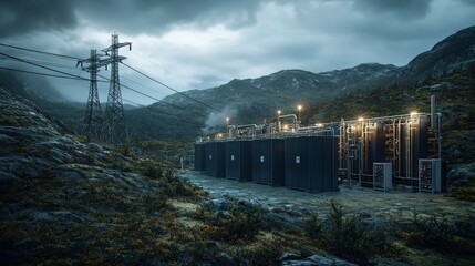 Poster - Peak energy power storage visualization in remote mountainous area featuring industrial infrastructure and green technology