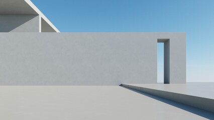 Aufkleber - 3d render of abstract modern architecture with empty cement floor, minimal exterior, car presentation background
