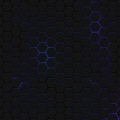 Wall Mural - hexagons honeycomb texture blue neon background, abstract futuristic technology backdrop banner desi