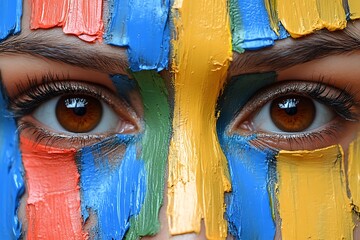 Wall Mural - Close-up portrait of a person with their face painted in vibrant colors.