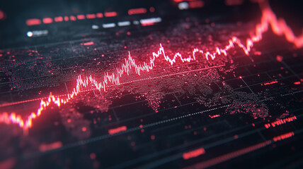 Sticker - Global Market Fluctuations: A red line graph climbs and dips dramatically on a digital screen with a global map overlaid in the background.