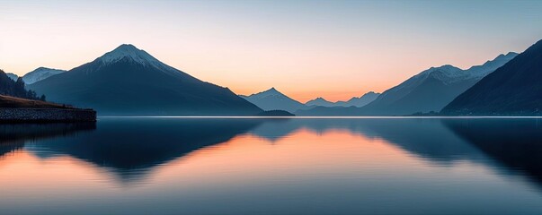 Wall Mural - symmetry gradient concept. serene sunset over a tranquil lake surrounded by majestic mountains.