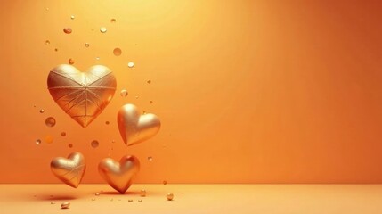 Wall Mural - golden hearts floating on a warm orange background, a symbol of affection and romantic feelings, per